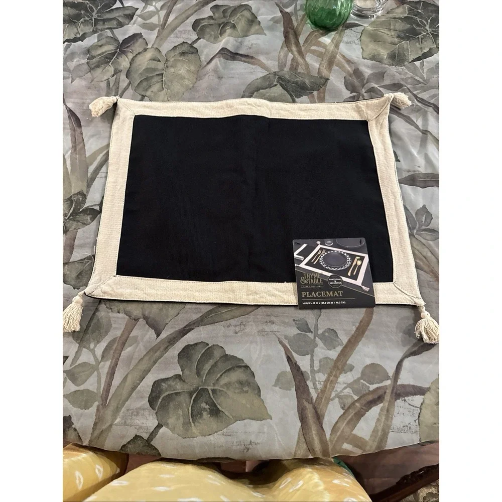 Thyme & Table Black Beige Cotton Metallic Rectangular Placemats 14x19in Set of 3